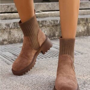 SHEIN Tan Suede Sock-Style Lug Sole Chelsea Booties